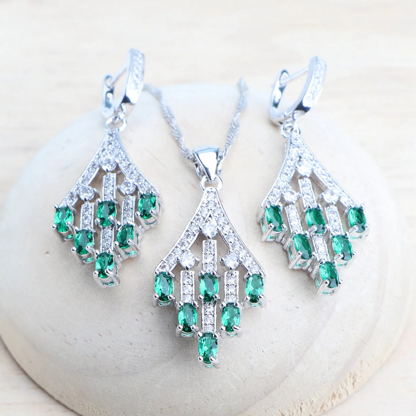 Fine 925 Silver Ladies Jewelry Sets Green Zircon Bridal