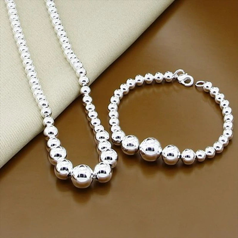 925 Sterling Silver Fashion Elegant Smooth Bead Round Necklace Bracelet Jewelry