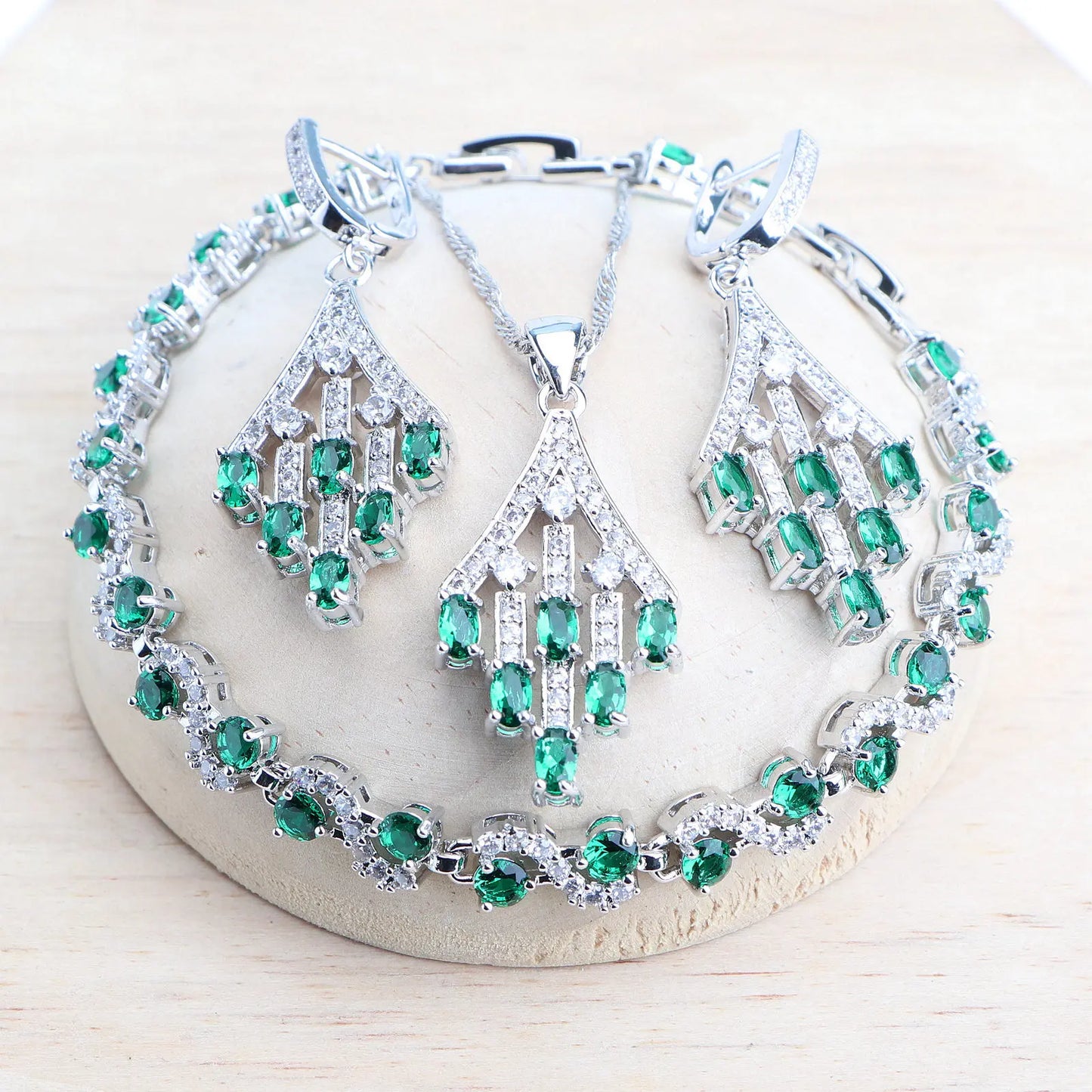 Fine 925 Silver Ladies Jewelry Sets Green Zircon Bridal