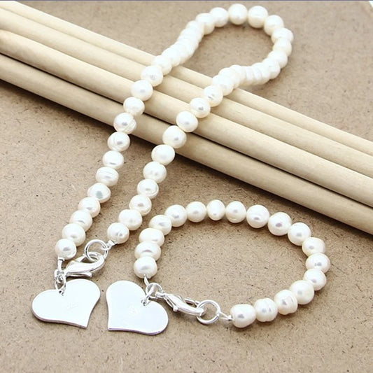 Silver Natural Pearl Heart Necklace Bracelet