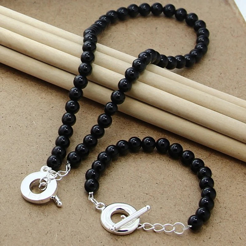 925 Silver Jewelry Sets Fashion Black Pearl Necklace Bracelet