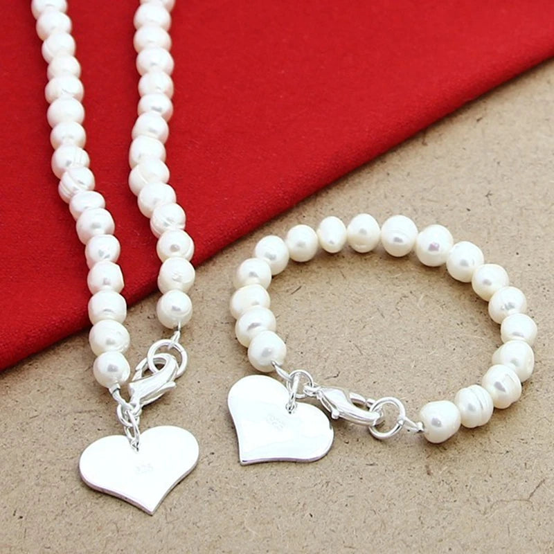 Silver Natural Pearl Heart Necklace Bracelet