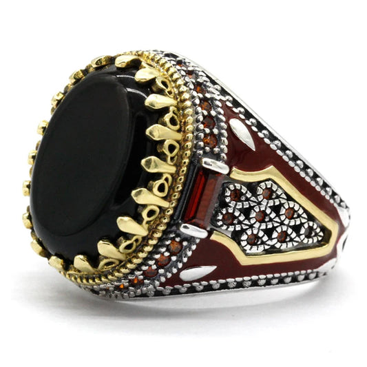 Turkey Jewelry Men Ring with Black Natural Agate Stone 925 Sterling Silver