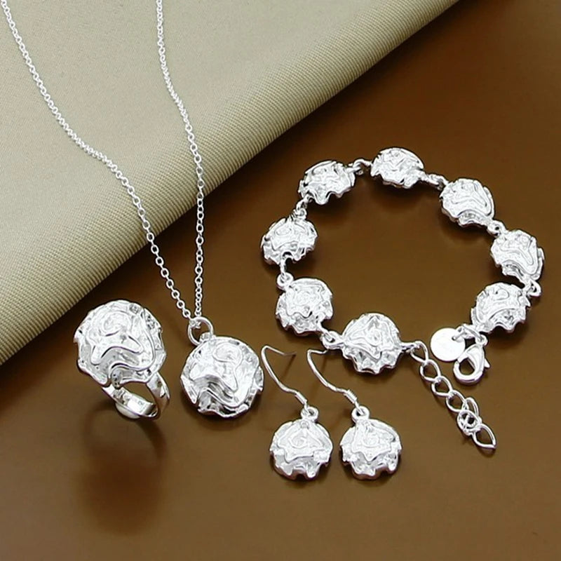 Silver Elegant Beautiful Rose Flower Necklace Bracelet Earrings