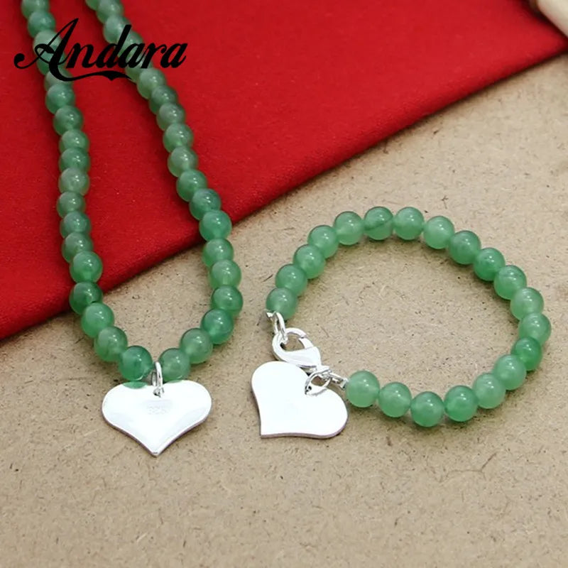 925 Sterling Silver Green Bead Necklace Bracelet Jewelry