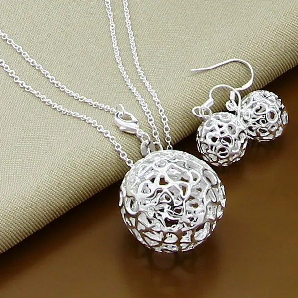 925 Sterling Silver Jewelry Moon Round Ball Necklace Earrings