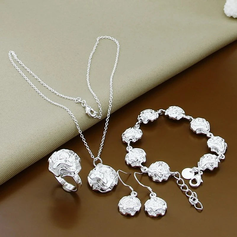 Silver Elegant Beautiful Rose Flower Necklace Bracelet Earrings