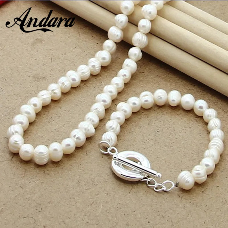 Silver 925  Natural Freshwater Pearl Necklace Bracelet