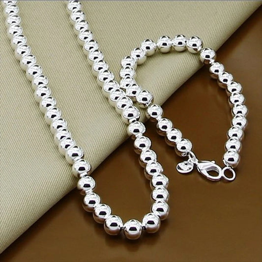 Silver Color Jewelry Sets 8mm Smooth Round Ball Bracelet Necklace