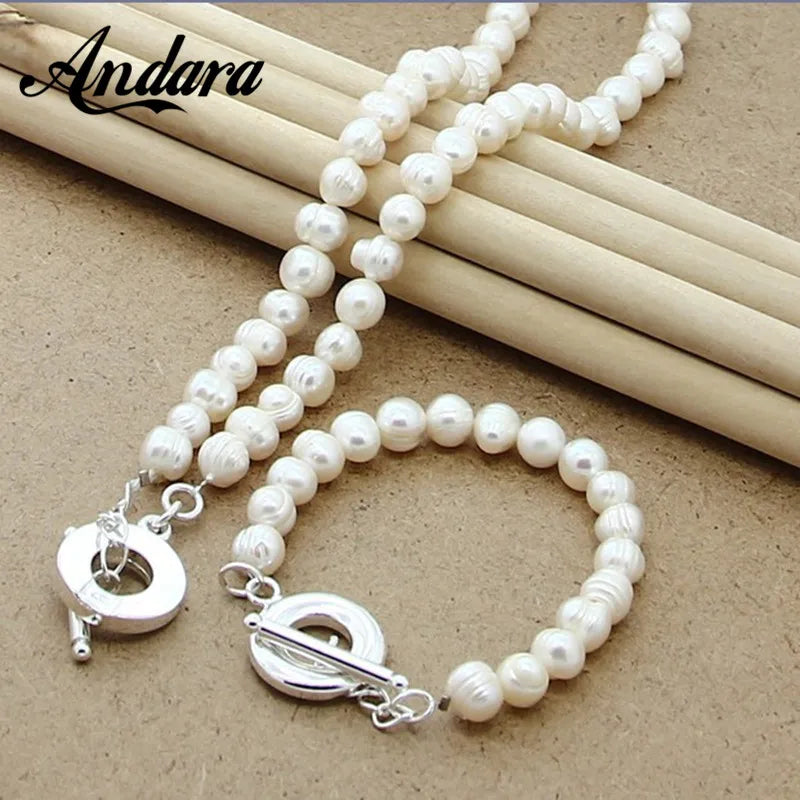 Silver 925  Natural Freshwater Pearl Necklace Bracelet