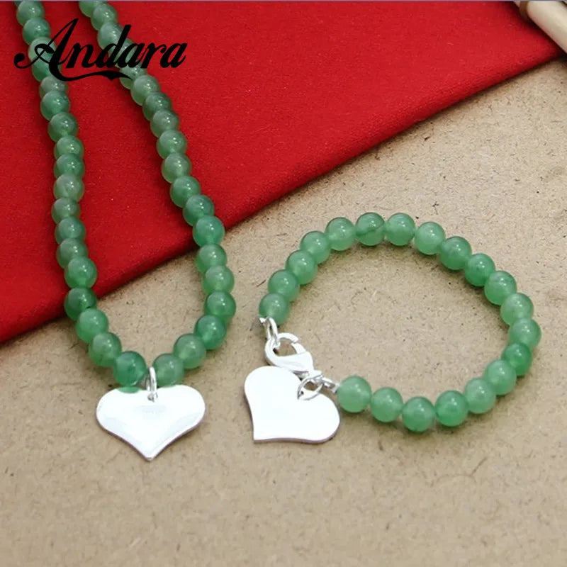 925 Sterling Silver Green Bead Necklace Bracelet Jewelry