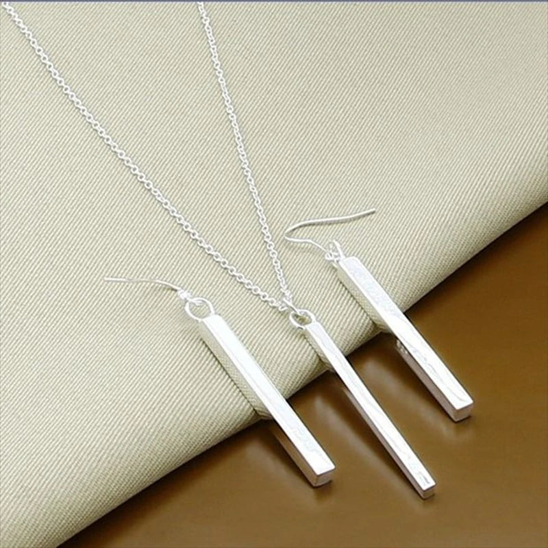 925 Sterling Silver Fashion Simple Square Necklace Earrings Jewelry