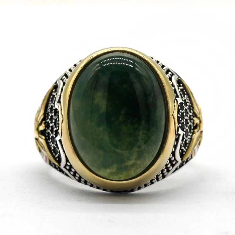 Turkey Jewelry Men Ring with Green Natural Agate Stone 925 Sterling Silver Vintage Eagle CZ Enamel Gold Ring for Women Male Gift