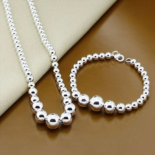 925 Sterling Silver Fashion Elegant Smooth Bead Round Necklace Bracelet Jewelry