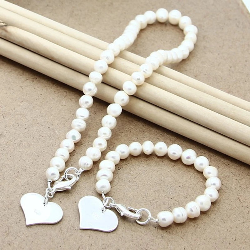 Silver Natural Pearl Heart Necklace Bracelet