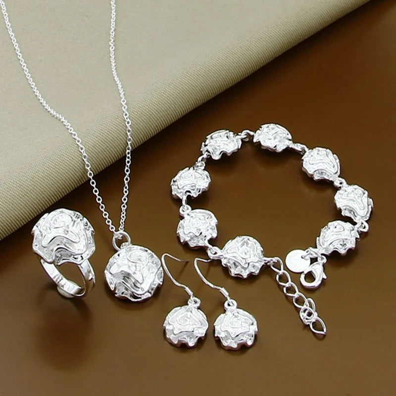 Silver Elegant Beautiful Rose Flower Necklace Bracelet Earrings