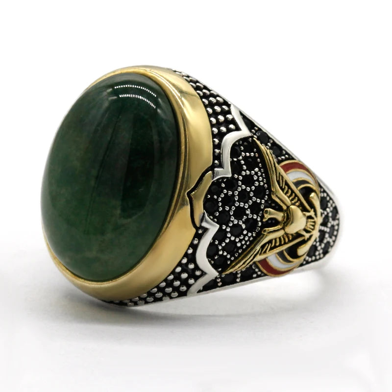 Turkey Jewelry Men Ring with Green Natural Agate Stone 925 Sterling Silver Vintage Eagle CZ Enamel Gold Ring for Women Male Gift