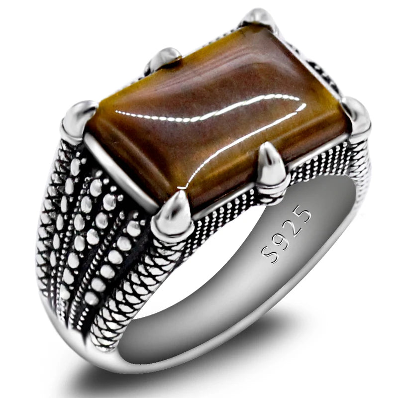 S925 pure silver men's handmade ring natural tiger eye stone