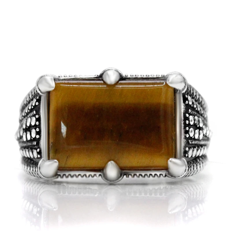 S925 pure silver men's handmade ring natural tiger eye stone