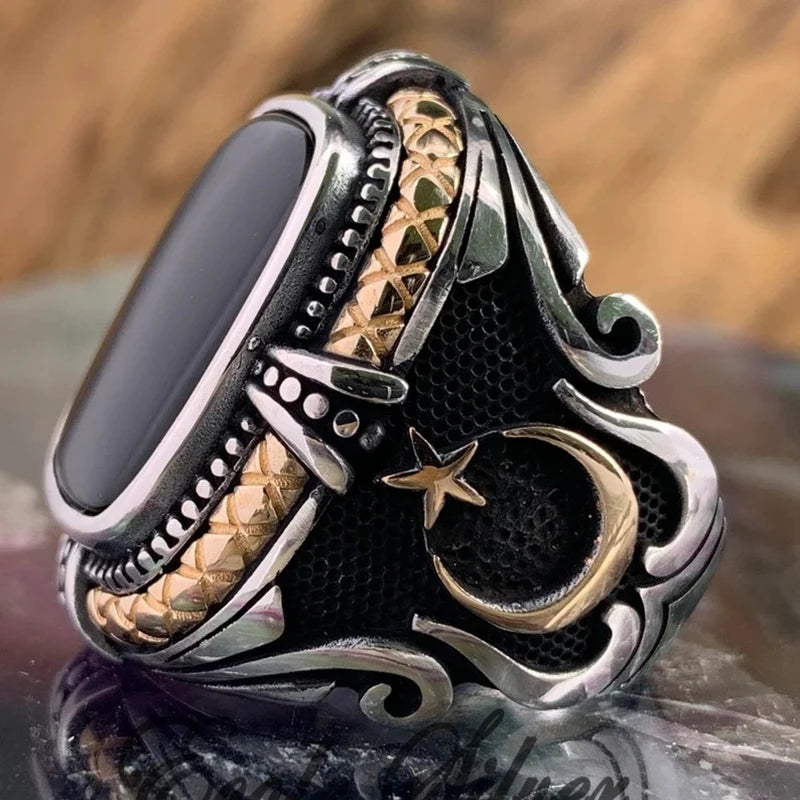 Vintage Handmade Turkish Mysterious Totem Star Moon Ring For Men