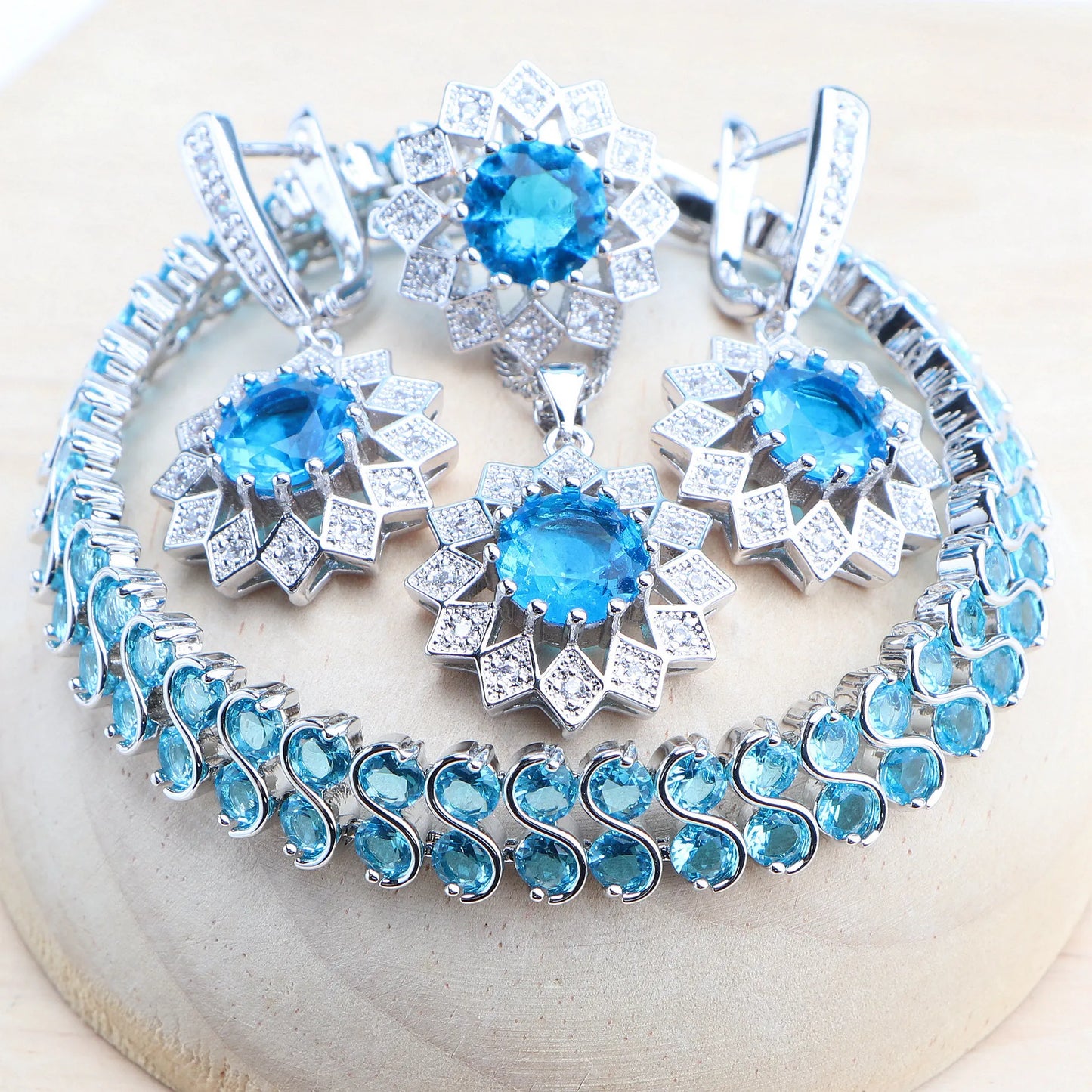 925 Silver Jewelry Sets Bridal Blue Cubic Zirconia