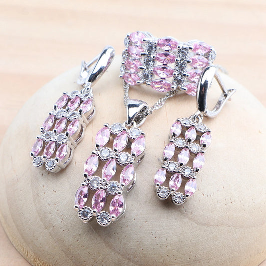 Silver 925 Bridal Jewelry Sets Pink Zircon