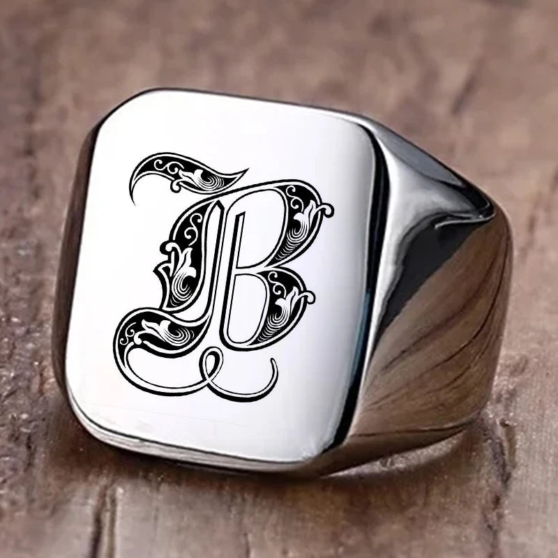 Retro Initials Signet Ring for Men 14mm