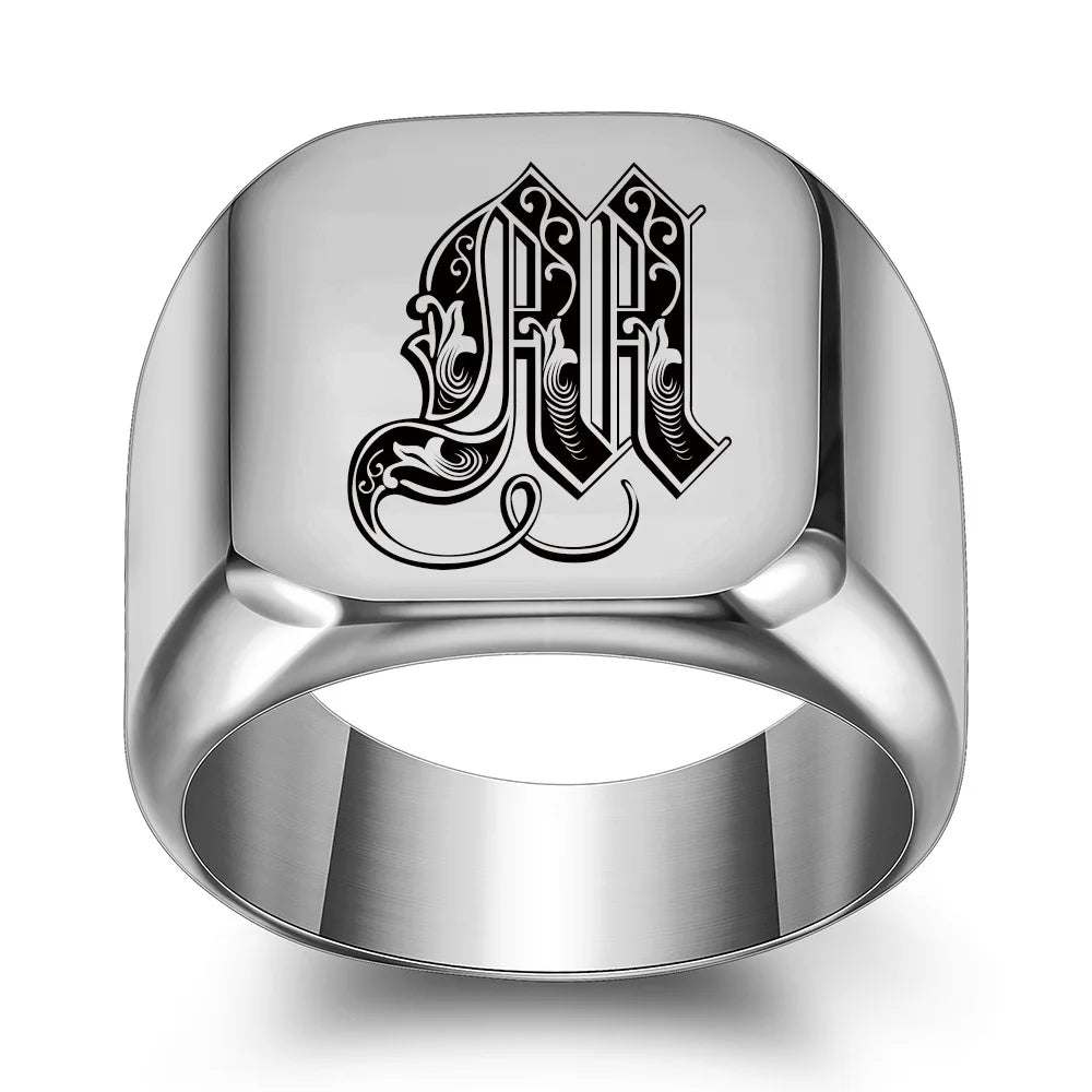 Retro Initials Signet Ring for Men 14mm