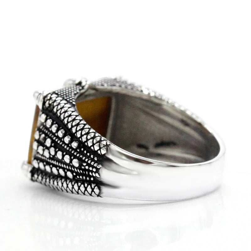 S925 pure silver men's handmade ring natural tiger eye stone