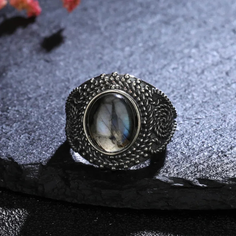 Vintage Carved 10*12MM Natural Labradorite Ring Silver Rings Men