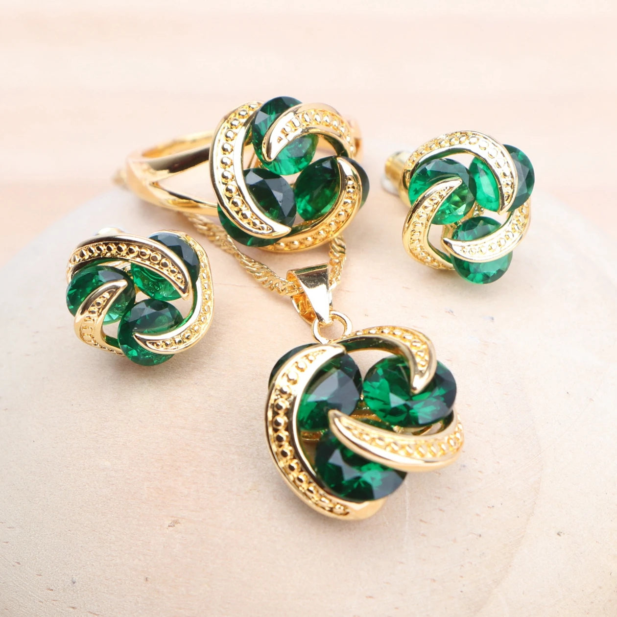 Gold Color Bridal Green Zircon Jewelry Sets For Women 925 Silver Wedding