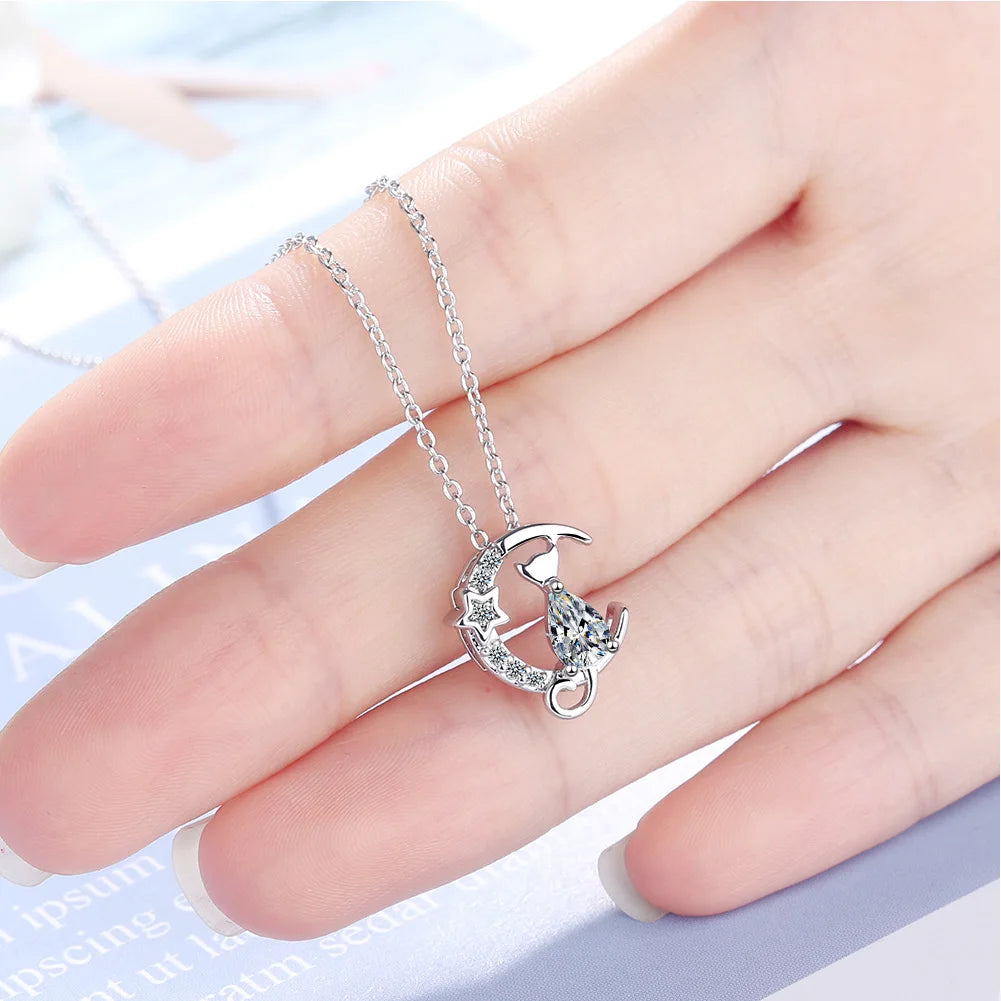 Moon Cat Earrings Necklaces For women 925 Sterling Silver Cubic Zirconia