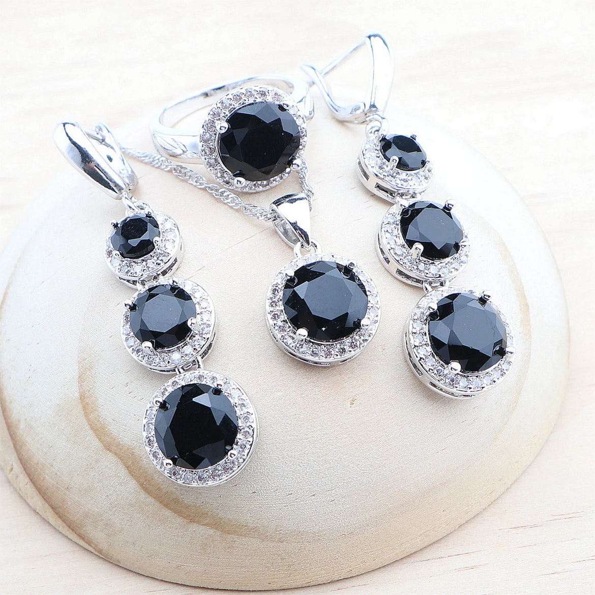 Bridal 925 Silver Jewelry Sets For Women Round Black Zircon