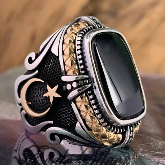 Vintage Handmade Turkish Mysterious Totem Star Moon Ring For Men