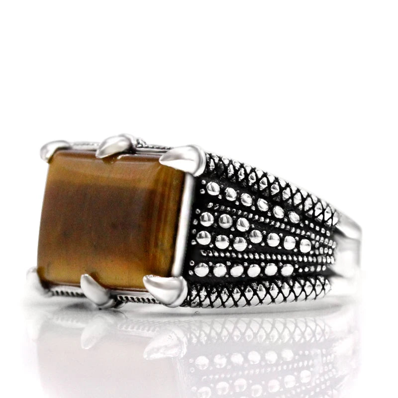 S925 pure silver men's handmade ring natural tiger eye stone