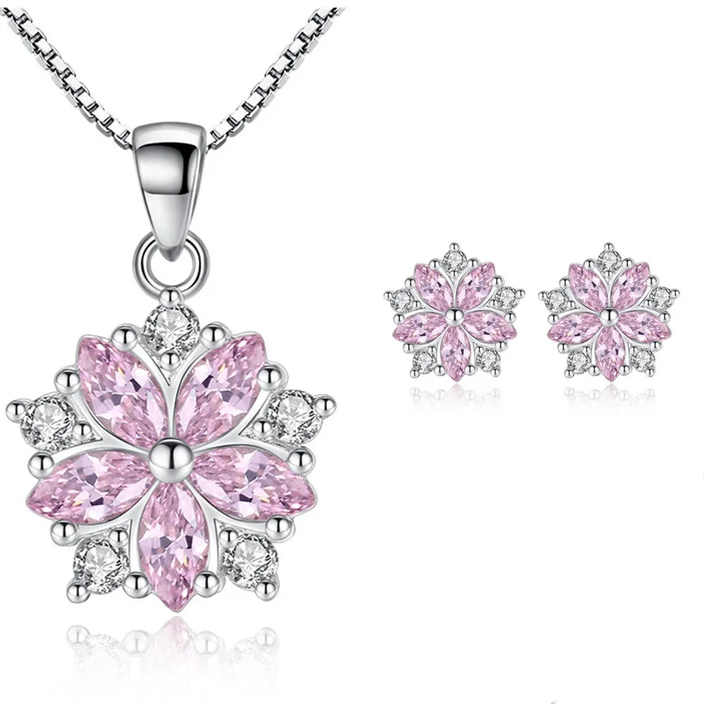 925 Sterling Silver Sakura Dolphin Zircon Elegant Jewelry  Earrings Necklace