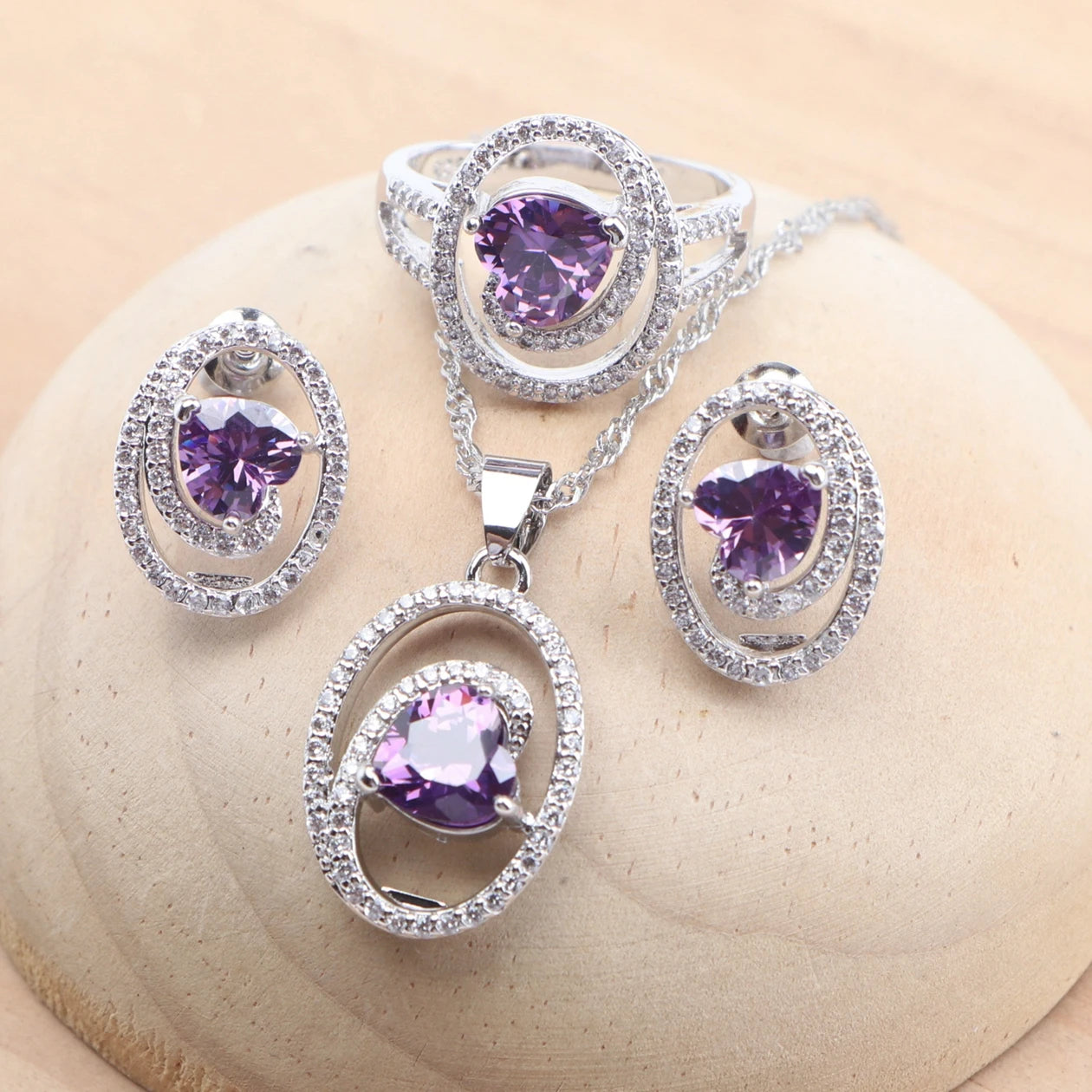 Silver 925 Bridal Jewelry Sets Heart Purple Zircon For Women