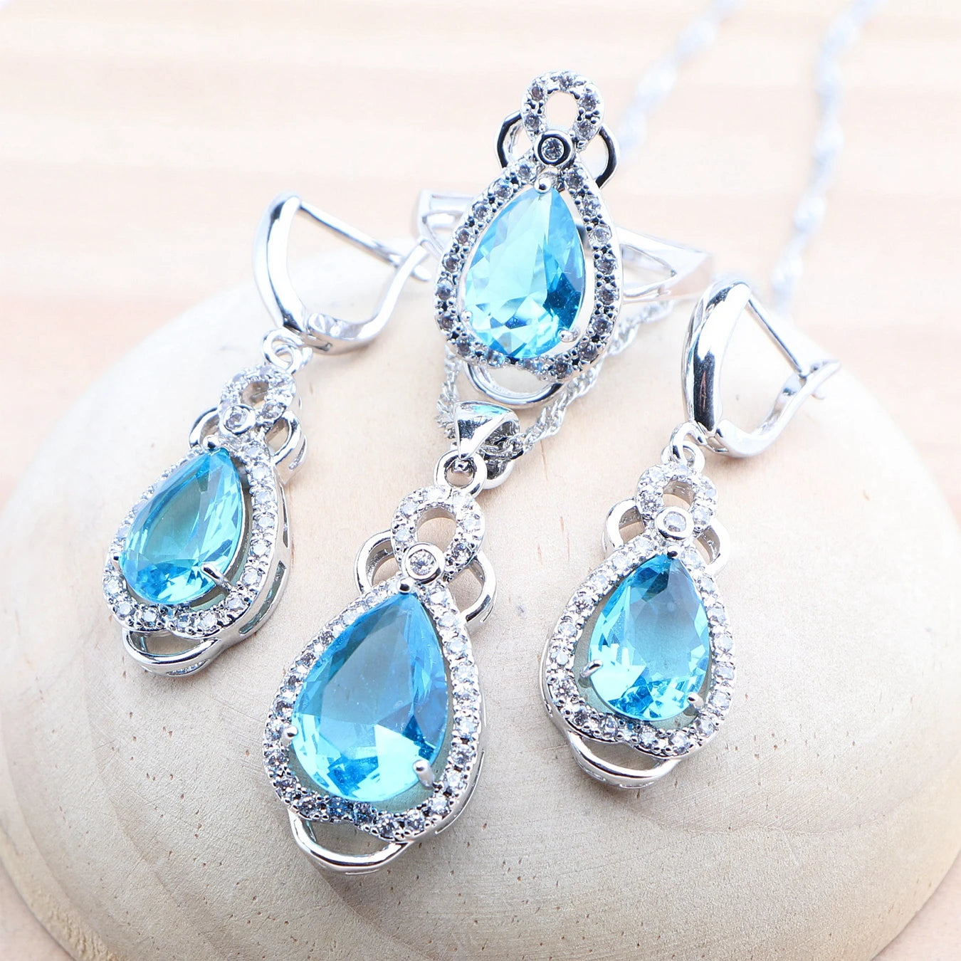 Blue Zircon 925 Silver Jewelry Sets Bridal Stones