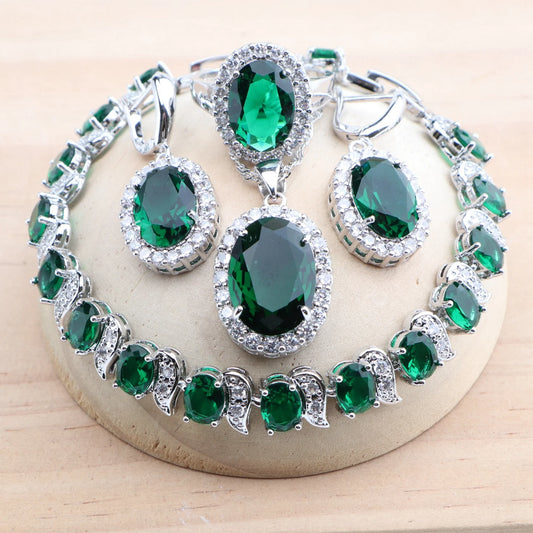 Green Zircon Silver 925 Bridal Jewelry Sets For Women