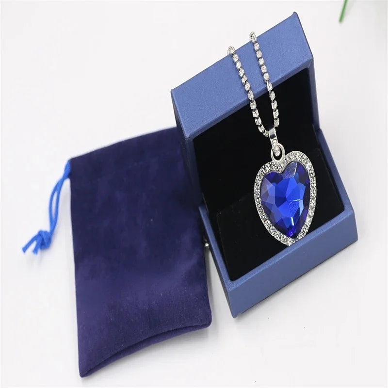 Titanic Heart of Ocean Blue  Love Forever Pendant Necklace + Velvet Bag