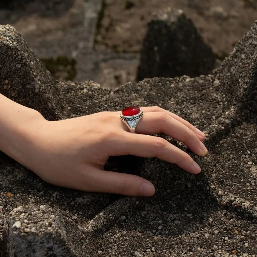 925 Sterling Silver Ring for Males with Red Natural Agate Stone Rings Men