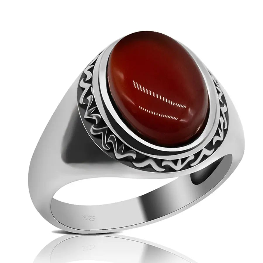 925 Sterling Silver Ring for Males with Red Natural Agate Stone Rings Men