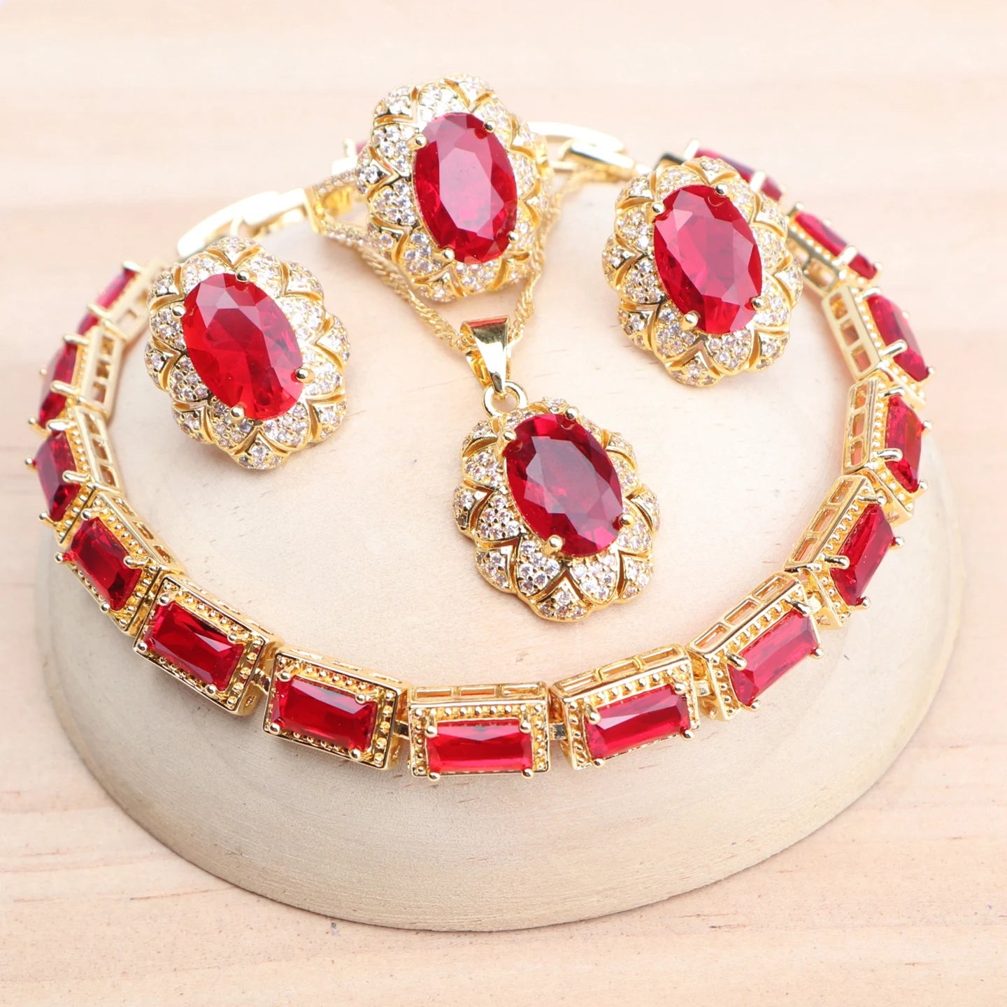 Bridal Red Zircon Jewelry Sets For Women 925 Silver Gold Color