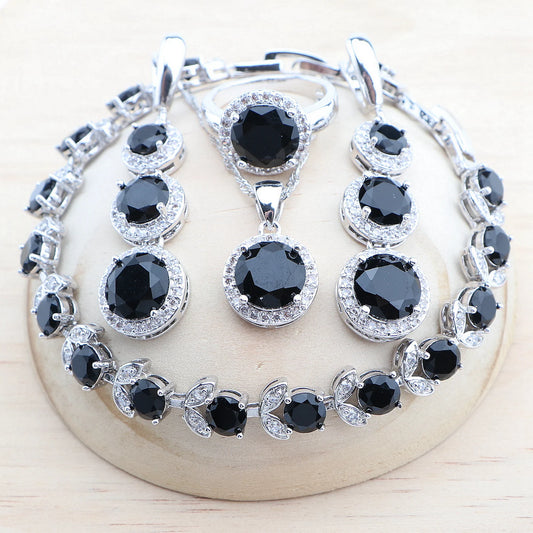 Bridal 925 Silver Jewelry Sets For Women Round Black Zircon