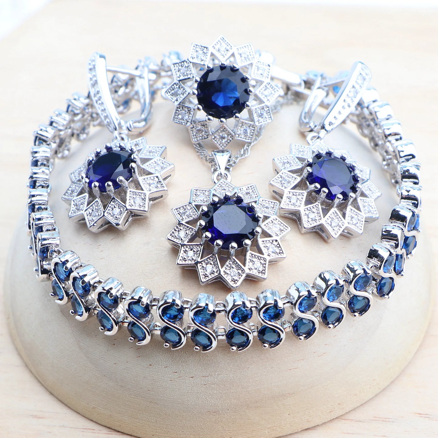 925 Silver Jewelry Sets Bridal Blue Cubic Zirconia