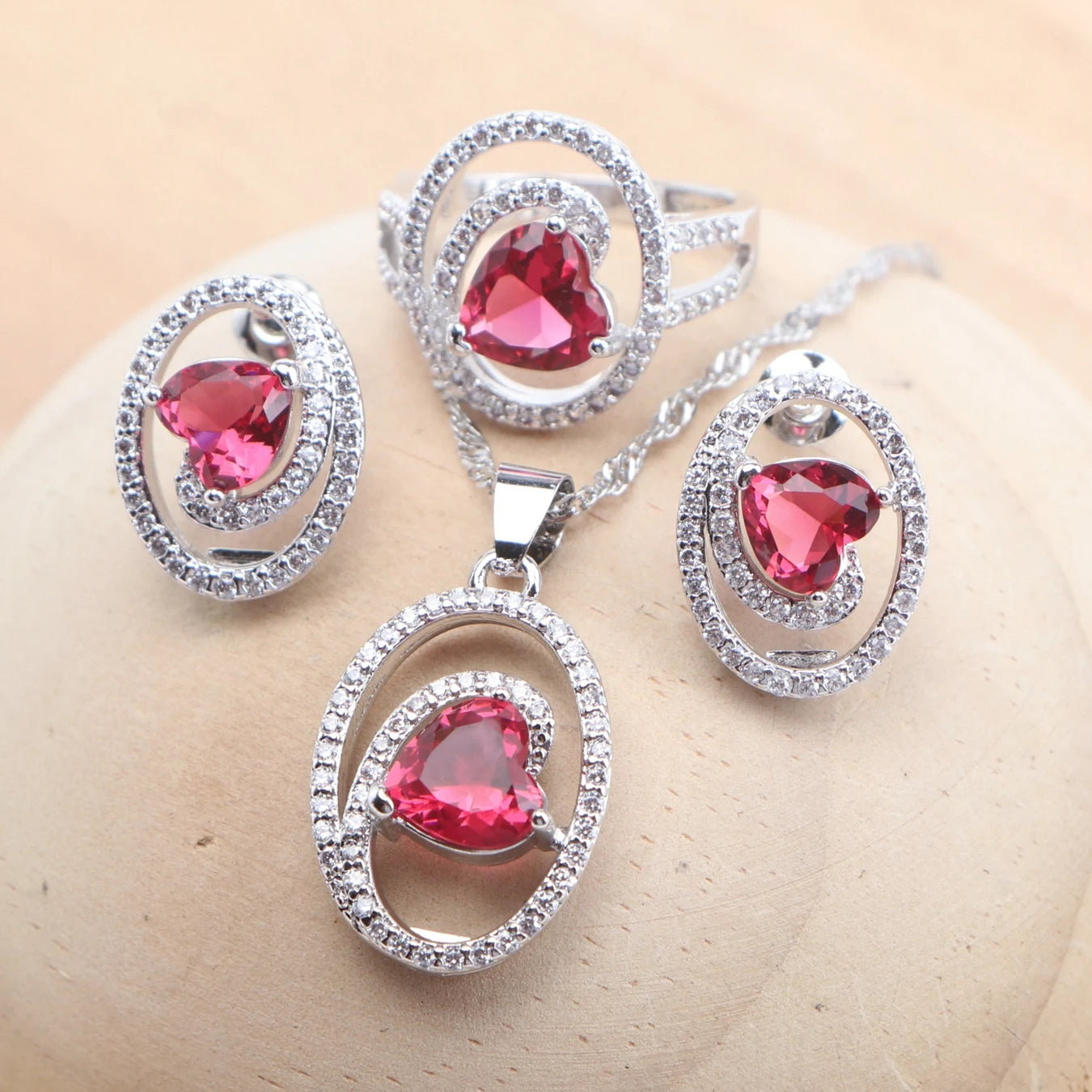 925 Sterling Silver Bridal Jewelry Sets Heart Pink Zircon For Women