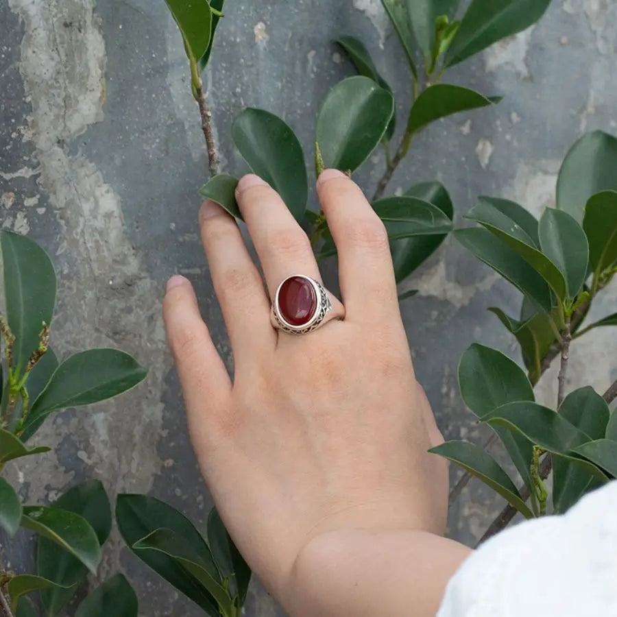 925 Sterling Silver Ring for Males with Red Natural Agate Stone Rings Men