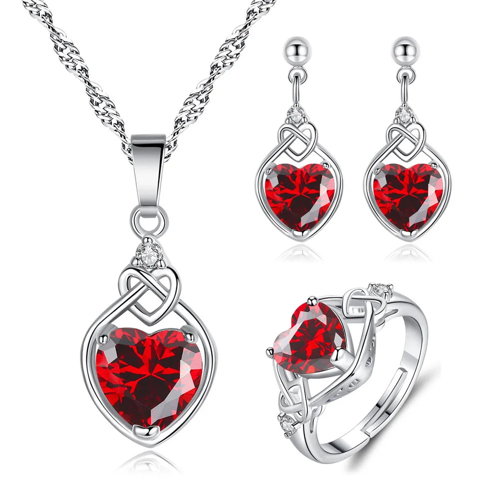 Silver 925 Red Heart Zircon Elegant  Ring Earring Necklace