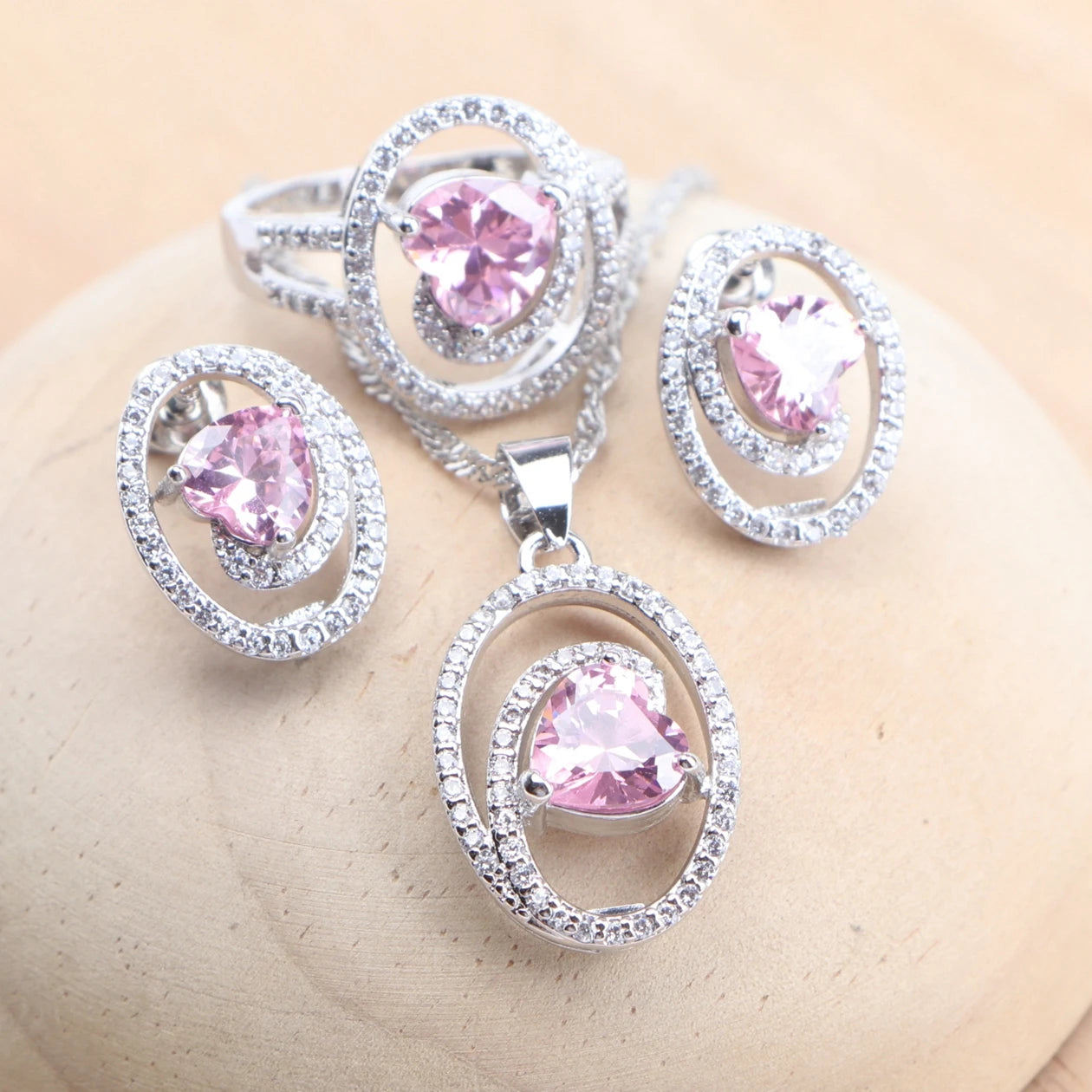 925 Sterling Silver Bridal Jewelry Sets Heart Pink Zircon For Women