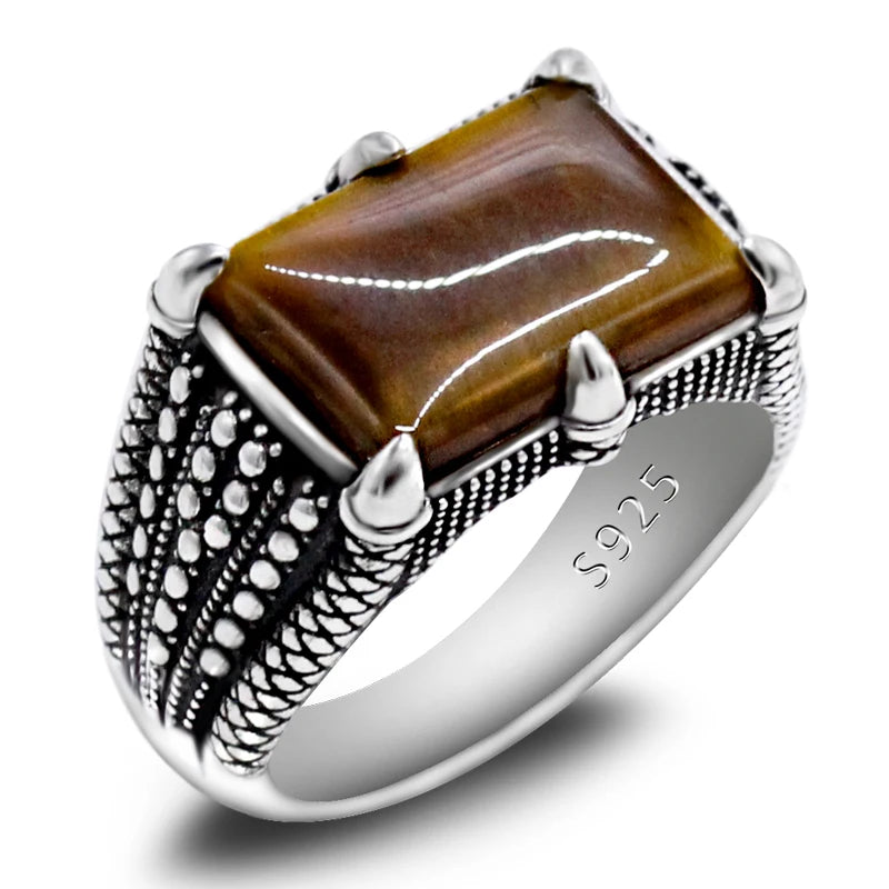 S925 pure silver men's handmade ring natural tiger eye stone